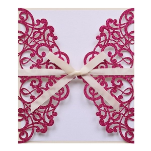 Glitter Laser Cut Wedding Invitation Cards With Satin Ribbon Bow European Baroque Hollow Invitation Pocket For Marriage Party