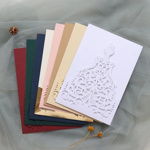 Laser cut wedding invitation covers in eight elegant colors with intricate gown pattern