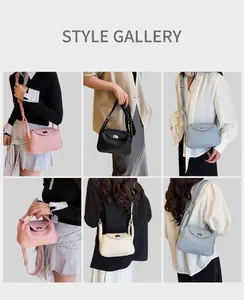 Litchi texture handbag showing four colors with shoulder strap in various wearing styles