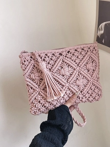 Sac Bandoulière Bohème Tissé à la Main Pour Femmes Gland Géométrique Paille Plage Vacances Petit Sac Carré