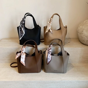 Lychee pattern leather bucket handbags in four colors with decorative silk scarves