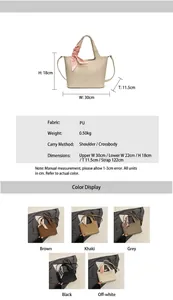 Detailed size chart and multi-color selection of the vintage PU leather bucket handbag