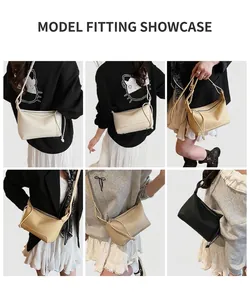 Collage of mini lychee leather crossbody bags in white, beige, yellow and black colors
