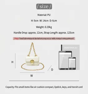 Size chart showing mini white croc-embossed girl's bag dimensions and capacity