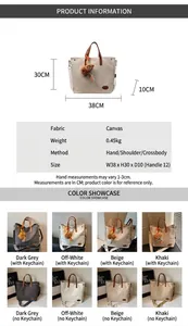 Detailed size chart for large canvas tote bag with 38x30x10 cm dimensions and weight info
