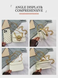 Detail of a white mini handbag with crocodile texture and gold chain strap shown from four angles