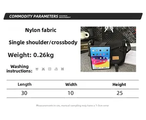 Size chart showing 30x10x25cm dimensions and nylon material for the men's crossbody bag