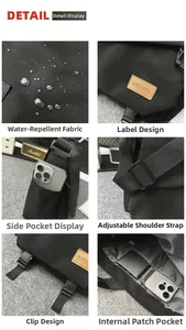 Detail of black crossbody bag with adjustable strap and internal phone storage pocket