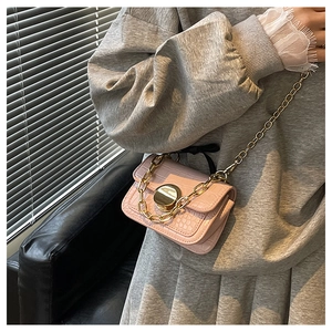 Close-up of pink faux crocodile leather mini bag with gold chain strap and round buckle