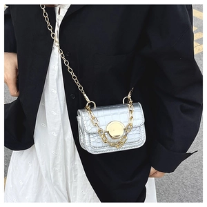Close-up of silver crocodile pattern mini crossbody bag with gold chain and round clasp