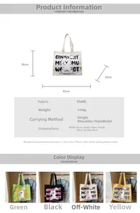 Detailed size specifications and four color options for the large canvas tote bag