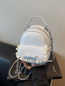 Women Mini PU Leather Backpack With Lace Trim Bow Decoration Metal Chain Strap Sweet Style Small Rucksack Travel Daily Handbag