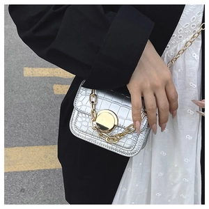 Close-up of a silver crocodile pattern mini handbag with gold chain strap on a model