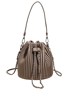 Coffee brown pleated bucket bag with drawstring closure and silver chain strap