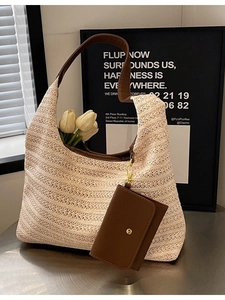 Handwoven straw tote bag with brown leather trim and matching coin purse for women
