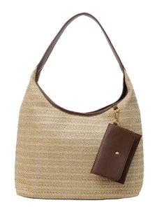 Handmade woven straw tote bag with brown faux leather straps and small card pouch accessory