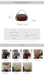 Infographic showing seven colors and dimensions of this stylish square crossbody handbag