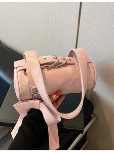 Women Y2K Cylinder Shoulder Bag PU Leather Bow Decoration Boston Handbag Sweet Cool Streetwear Solid Color Crossbody Bag