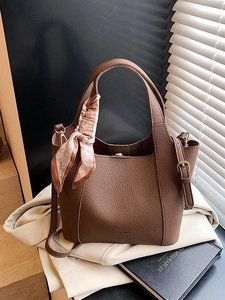 Retro Leather Bucket Bag For Women Fashion Lychee Pattern Handbag With Satin Scarf Adjustable Strap Crossbody Bag