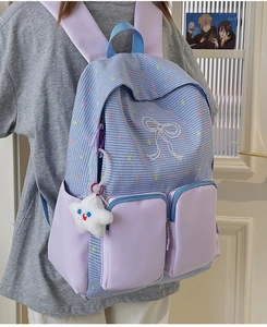 Detail view of the blue checkered backpack with purple pockets and a star plush accessory