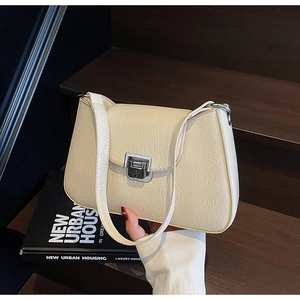 Detail shot of beige pleated leather texture and silver square metal buckle on underarm bag