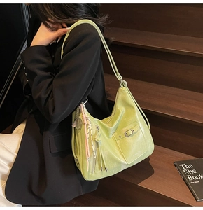 Pale green large capacity tote bag with glossy wrinkled texture and buckle pocket