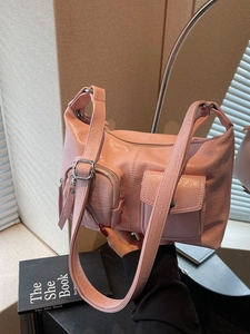 Pink minimalist multi-pocket shoulder bag in soft PU leather for women casual wear