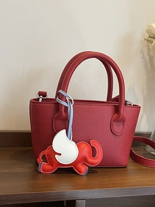 Women Minimalist PU Leather Bucket Bag With Detachable Elephant Charm Solid Color Crossbody Shoulder Bag Casual Small Tote