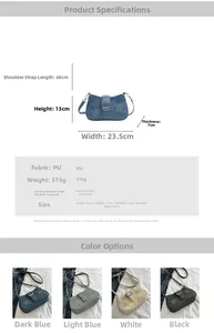 Detailed size chart and color options for denim texture PU shoulder bag with star rivets