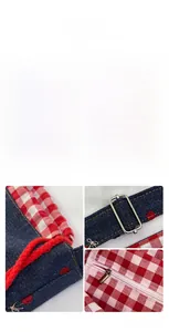 Detail view of denim bucket bag with cherry embroidery and red checkered cotton lining