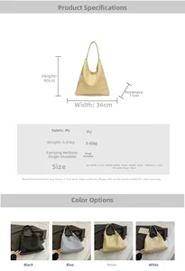 Detailed size chart and parameter specifications for the large capacity PU leather tote bag