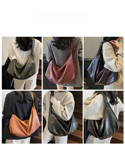 Collage of chic oil wax leather hobo bags in six colors shown on a shoulder