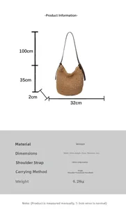 Infographie du sac seau en paille tressée avec dimensions 32x35x2cm et bandoulière