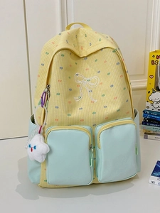 Preppy Style Color-Block Plaid Backpack For Girls 2026 New Bow Embroidery Schoolbag For Middle School University Students Lightweight Waterproof Nylon Travel Backpack