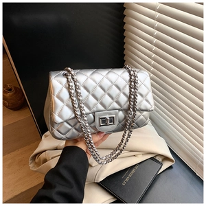Close-up of silver quilted crossbody bag with chain strap and metallic twist lock