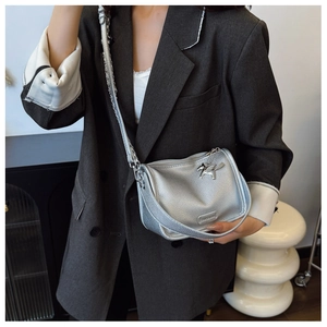 Detail view of silver crossbody bag with lychee texture and pegasus metal pendant