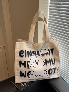 Casual Canvas Tote Bag For Women Large Capacity Cartoon Rabbit Letter Print Shoulder Bag Cute Commuter Shopping Handbag