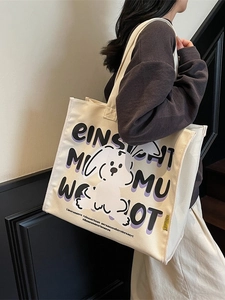 Cute cartoon canvas tote bag for women with vintage letter print and dog design