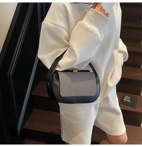 Detailed view of the bicolor handbag with golden twist lock worn on a wooden staircase
