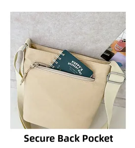 Dettaglio della borsa tote in nylon beige con tasca posteriore sicura e tracolla regolabile