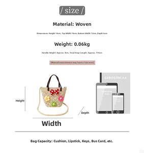 Detailed size chart for beige floral straw bag with dimensions and capacity reference