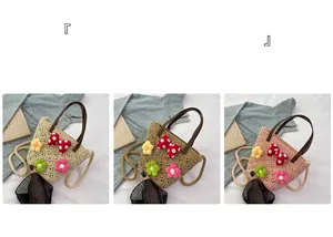 Detail of hand-woven bucket bags with floral accents and polka dot bows in three colors