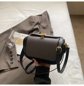 Detail of retro small crossbody bag with woven flap and golden shell clasp closure