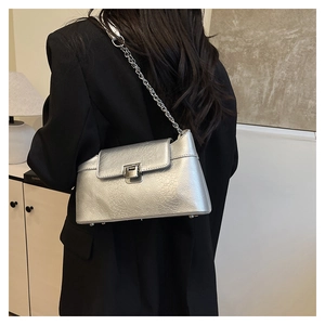 Détail du sac à main argenté à texture craquelée avec bandoulière chaîne et fermoir