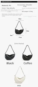 Detailed size specifications and three color options for the crescent PU crossbody bag
