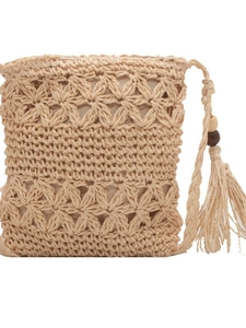 Sac bandoulière en paille tressée beige avec pompons et perles en bois pour plage