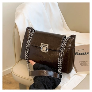 Détail de la texture crocodile marron foncé et de la chaîne en métal argenté sur un petit sac