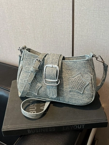 Vintage Star Rivet Denim PU Shoulder Bag For Women Y2K Style Crossbody Underarm Bucket Bag With Square Buckle Fashion Daily Purse