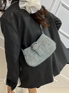 Y2K style light blue denim underarm bag with sparkling rhinestone stars and silver buckle