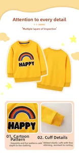 Detail of yellow children sweatshirt featuring rainbow embroidery and ribbed elastic cuffs
